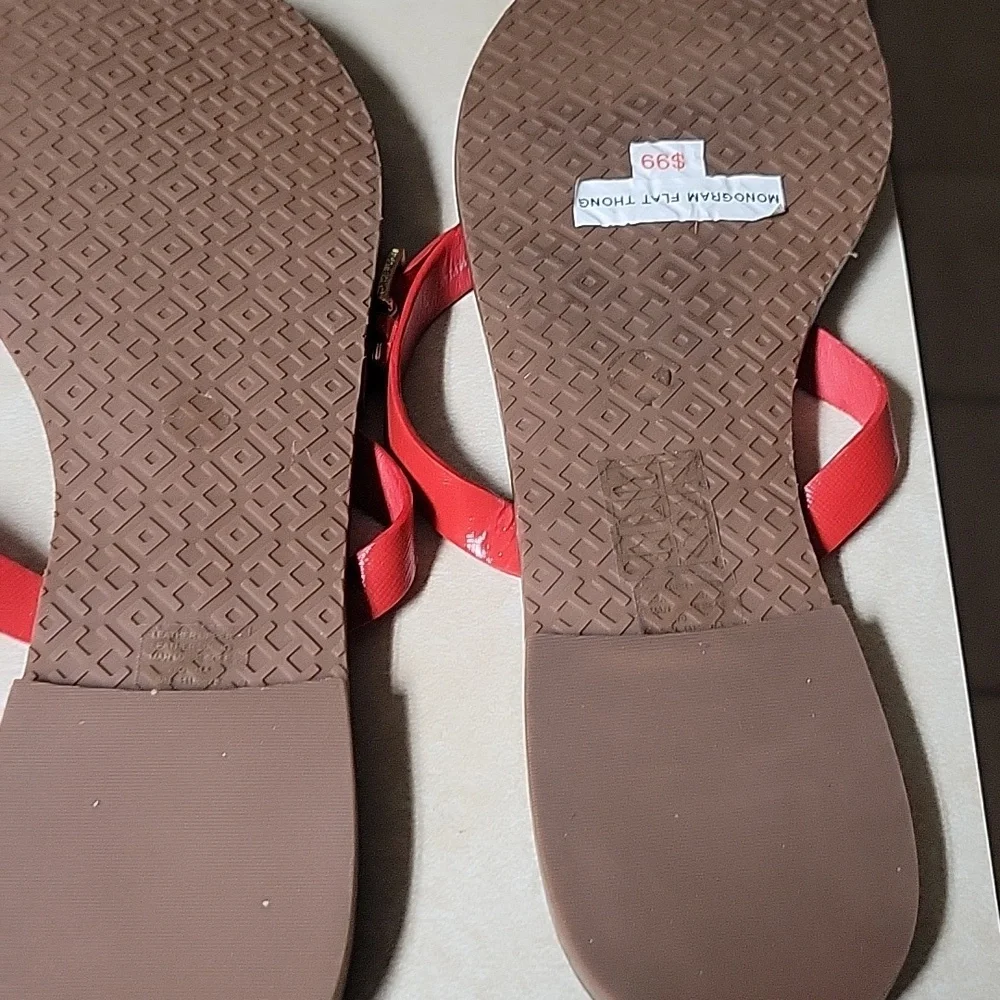 Tory Burch Red Leather Double-Strap Thong Sandals with Gold Logo